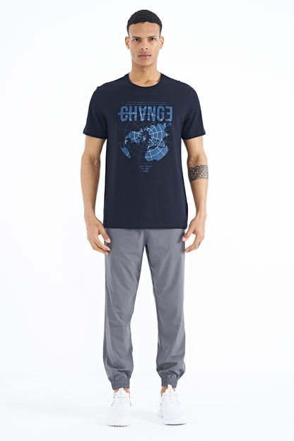 Navy Blue Printed Detailed O Collar Standard Fit Men's T-Shirt - 88214