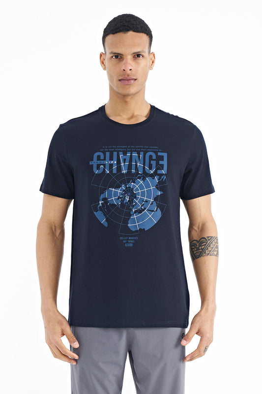 Navy Blue Printed Detailed O Collar Standard Fit Men's T-Shirt - 88214