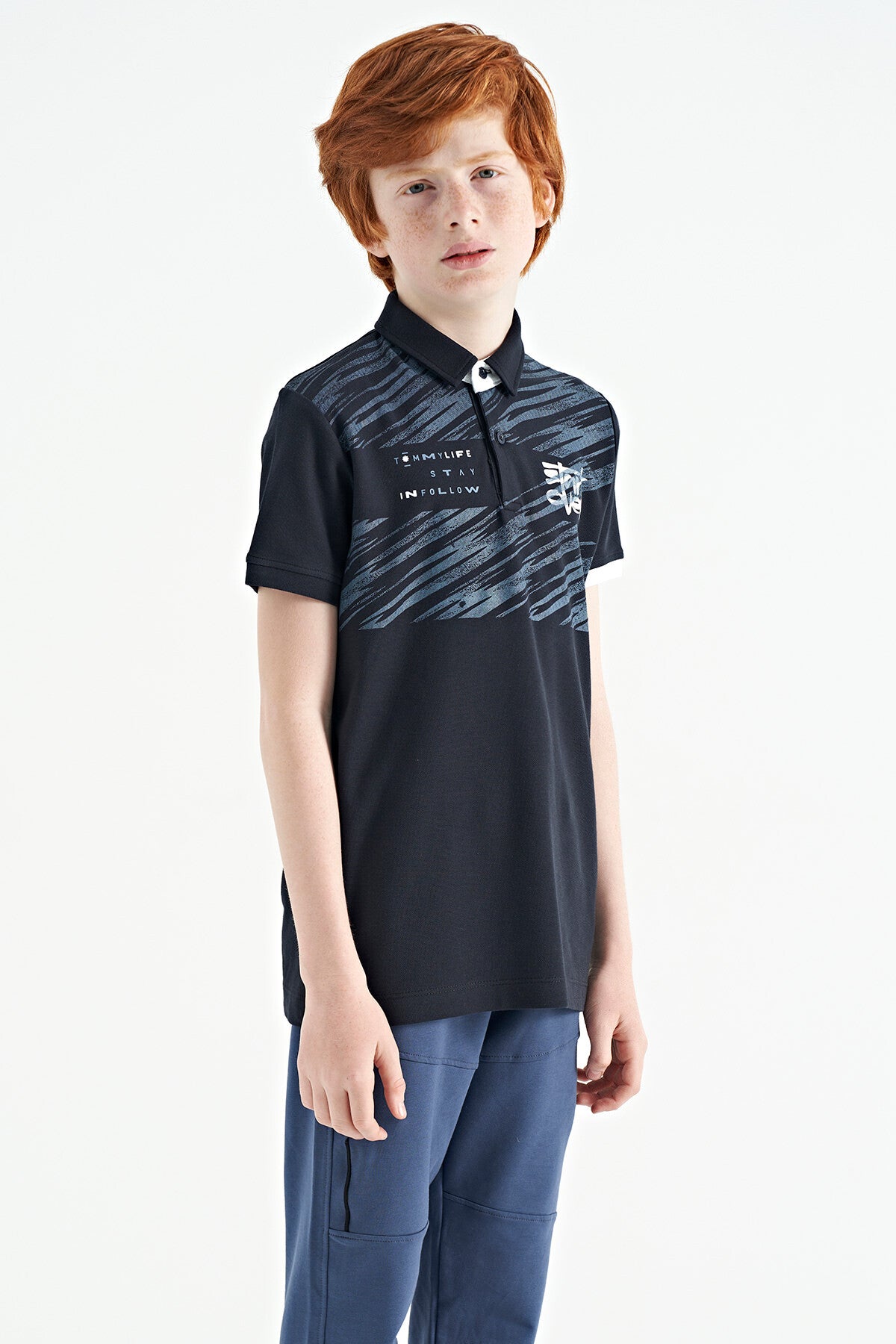 Navy Blue Print Detailed Polo Collar Standard Fit Boys T-Shirt - 11161