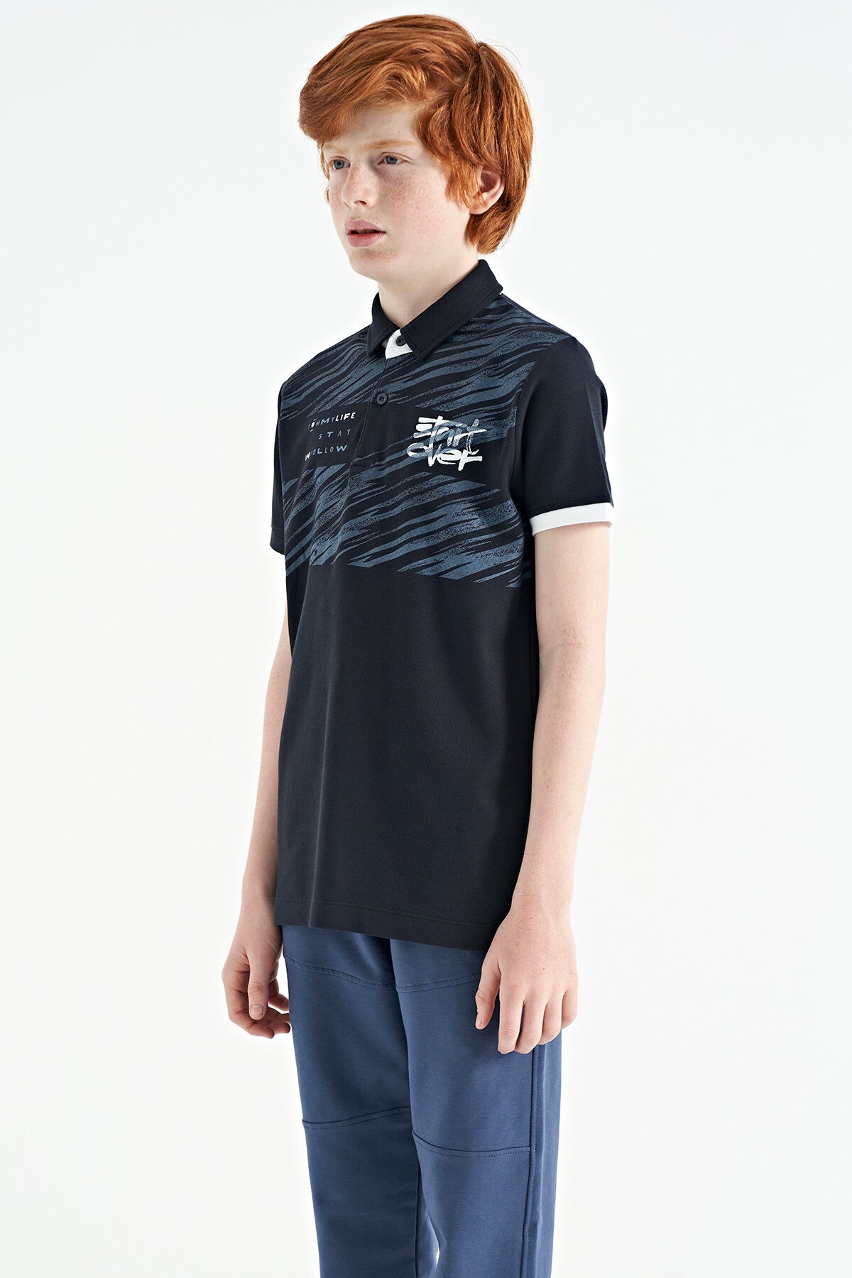 Navy Blue Print Detailed Polo Collar Standard Fit Boys T-Shirt - 11161