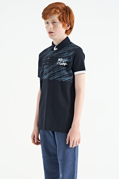 Navy Blue Print Detailed Polo Collar Standard Fit Boys T-Shirt - 11161