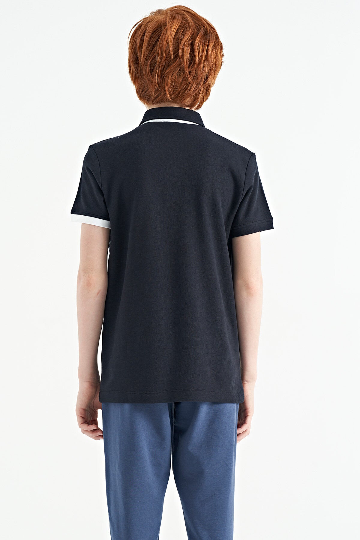 Navy Blue Print Detailed Polo Collar Standard Fit Boys T-Shirt - 11161