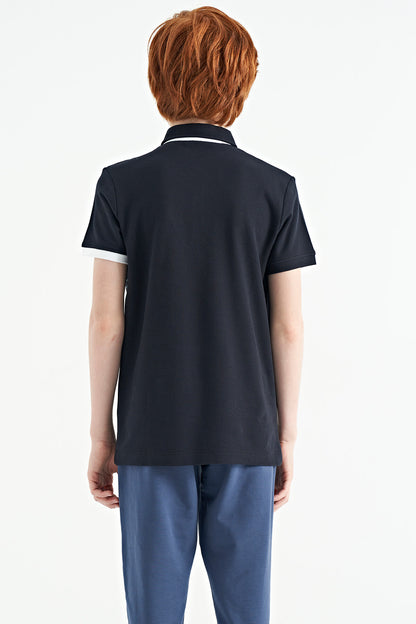 Navy Blue Print Detailed Polo Collar Standard Fit Boys T-Shirt - 11161