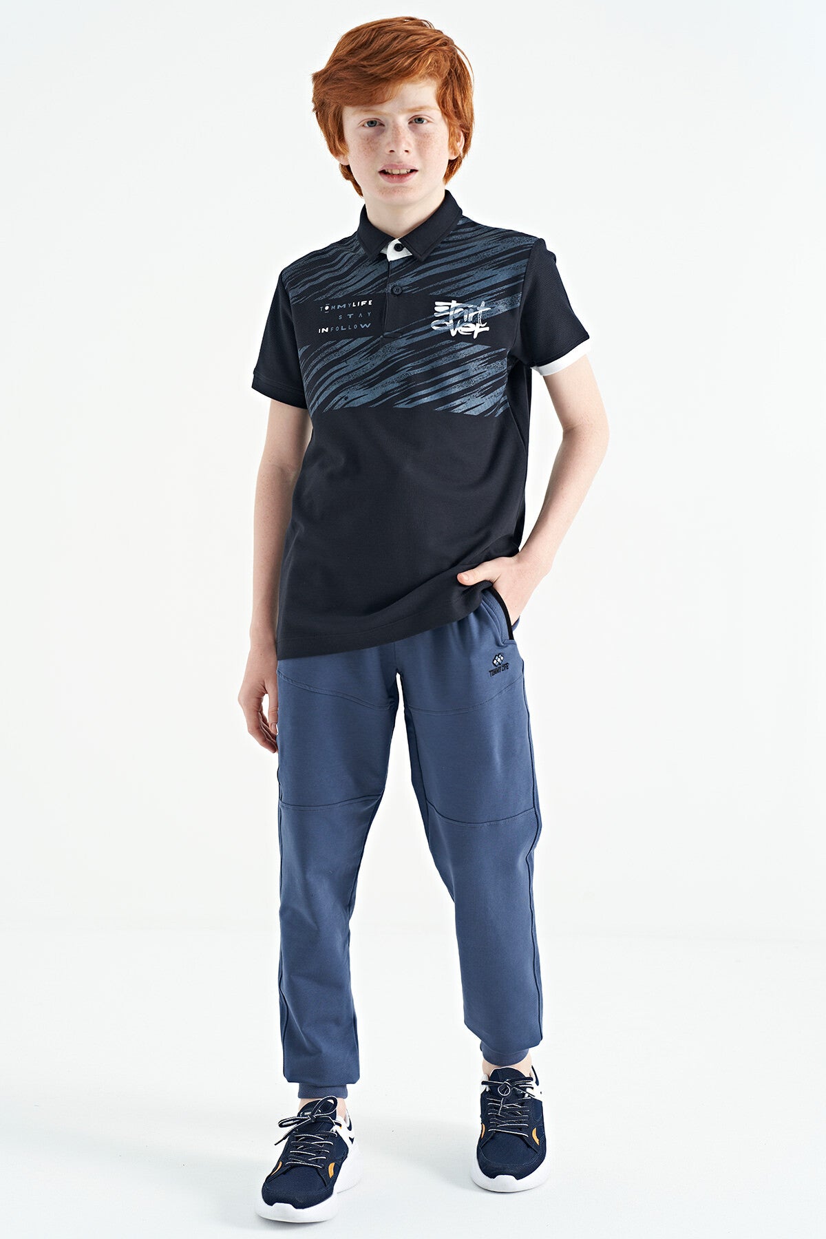 Navy Blue Print Detailed Polo Collar Standard Fit Boys T-Shirt - 11161