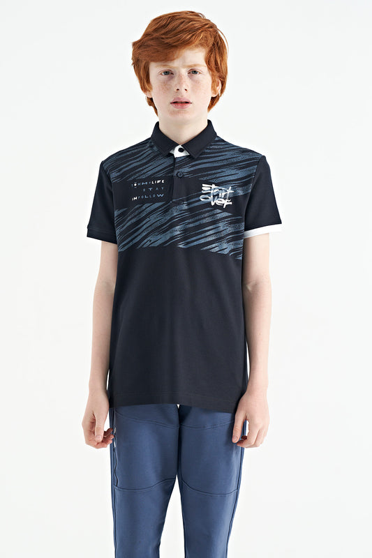 Navy Blue Print Detailed Polo Collar Standard Fit Boys T-Shirt - 11161