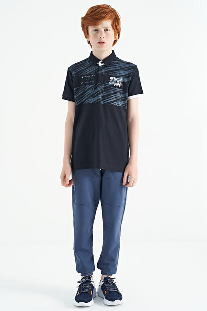 Navy Blue Print Detailed Polo Collar Standard Fit Boys T-Shirt - 11161