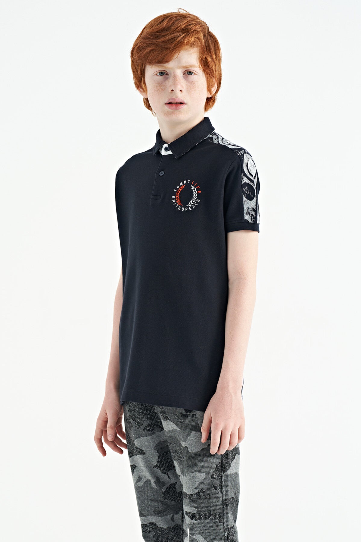 Navy Blue Print Detailed Polo Collar Standard Fit Boys' T-Shirt - 11166