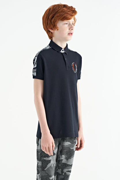 Navy Blue Print Detailed Polo Collar Standard Fit Boys' T-Shirt - 11166