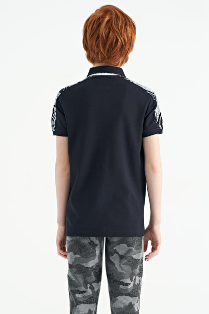 Navy Blue Print Detailed Polo Collar Standard Fit Boys' T-Shirt - 11166
