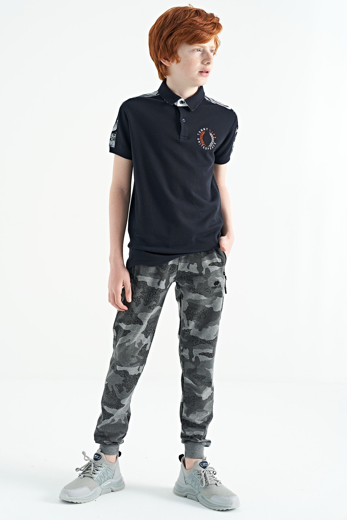 Navy Blue Print Detailed Polo Collar Standard Fit Boys' T-Shirt - 11166