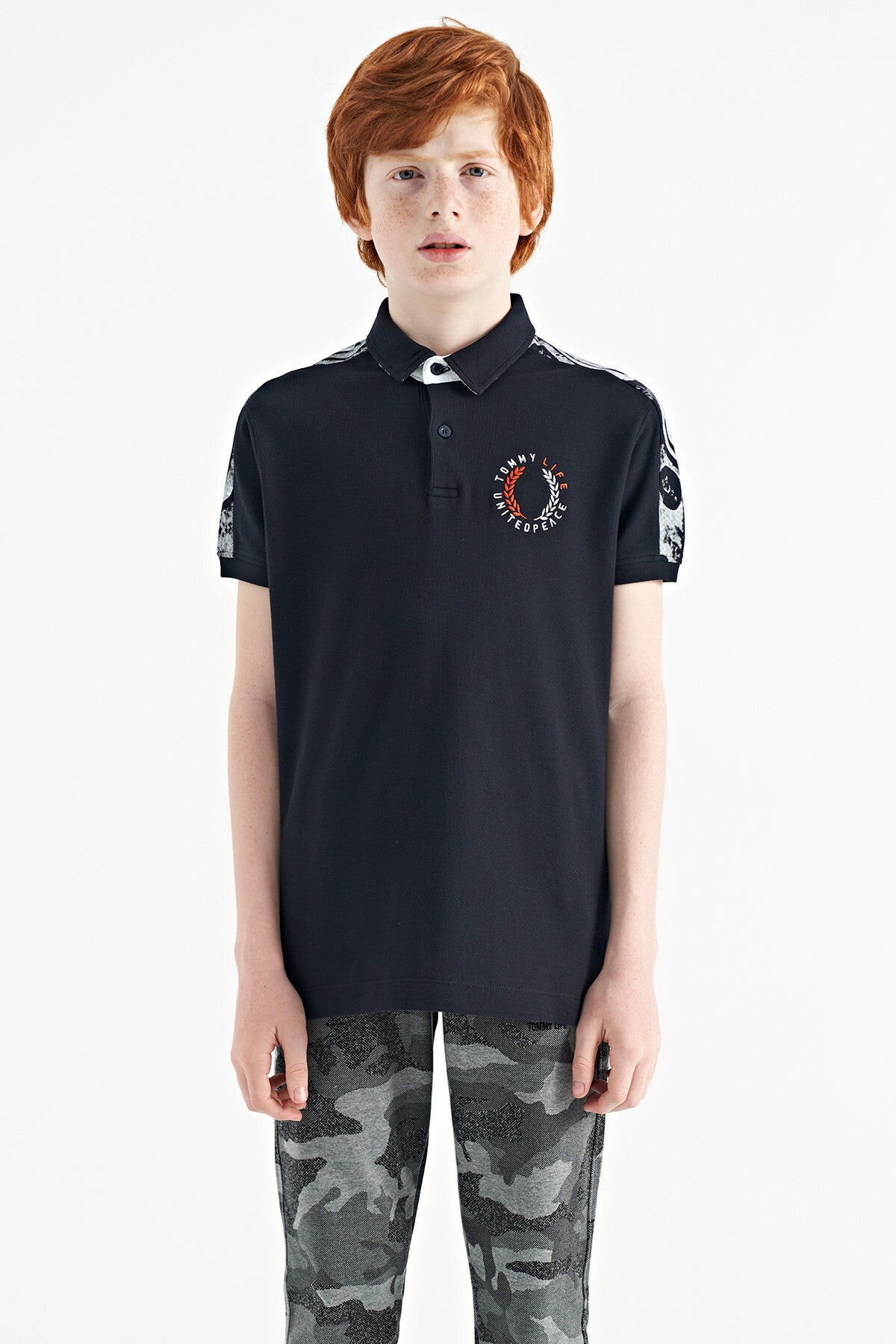 Navy Blue Print Detailed Polo Collar Standard Fit Boys' T-Shirt - 11166