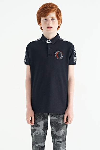 Navy Blue Print Detailed Polo Collar Standard Fit Boys' T-Shirt - 11166
