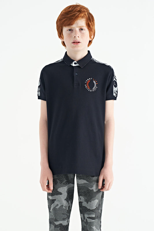 Navy Blue Print Detailed Polo Collar Standard Fit Boys' T-Shirt - 11166