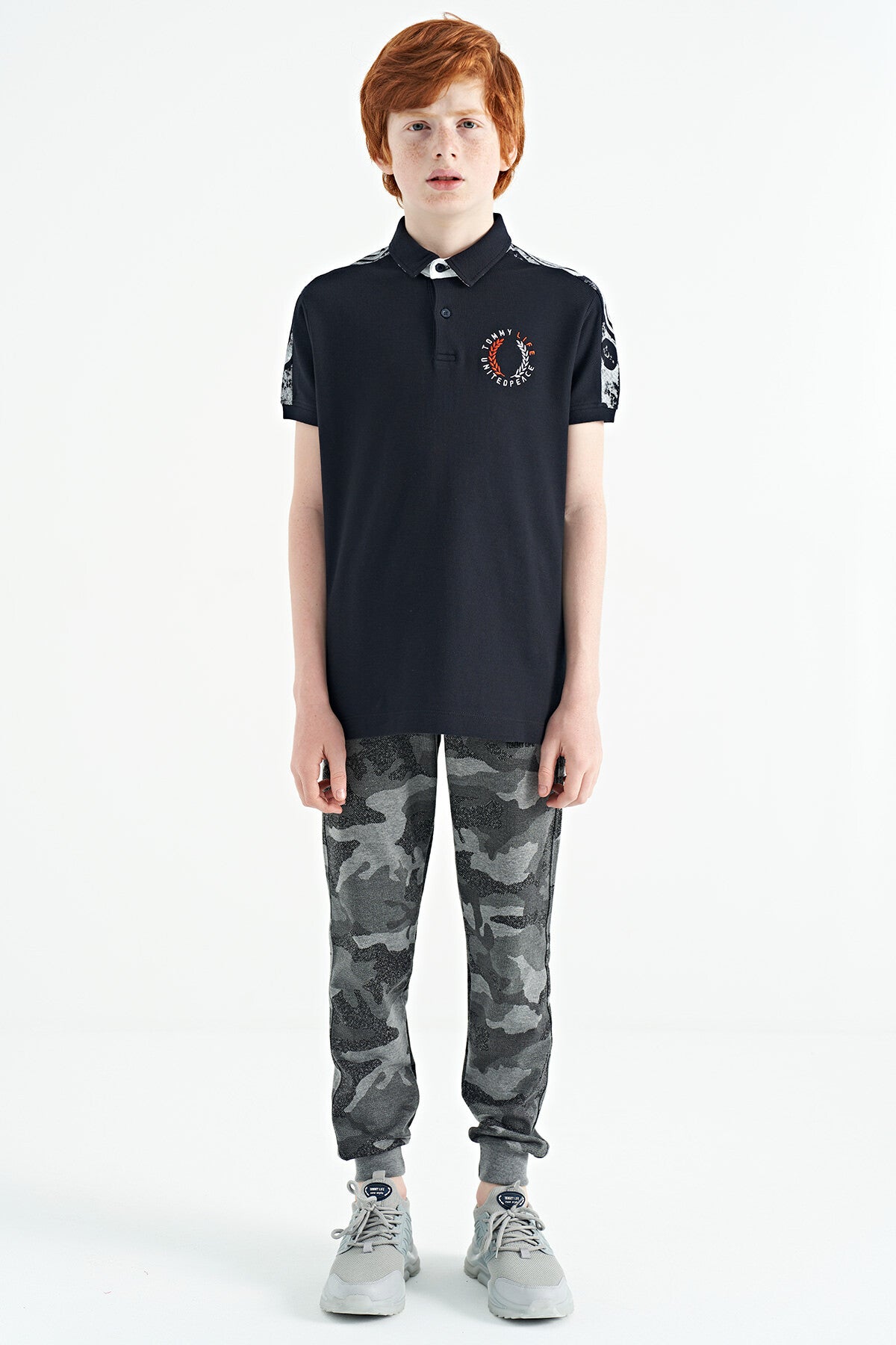 Navy Blue Print Detailed Polo Collar Standard Fit Boys' T-Shirt - 11166