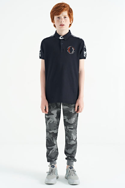 Navy Blue Print Detailed Polo Collar Standard Fit Boys' T-Shirt - 11166