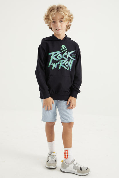 Navy Blue Printed Kangaroo Pocket Hooded Standard Fit Boys' Sweatshirt - 11002