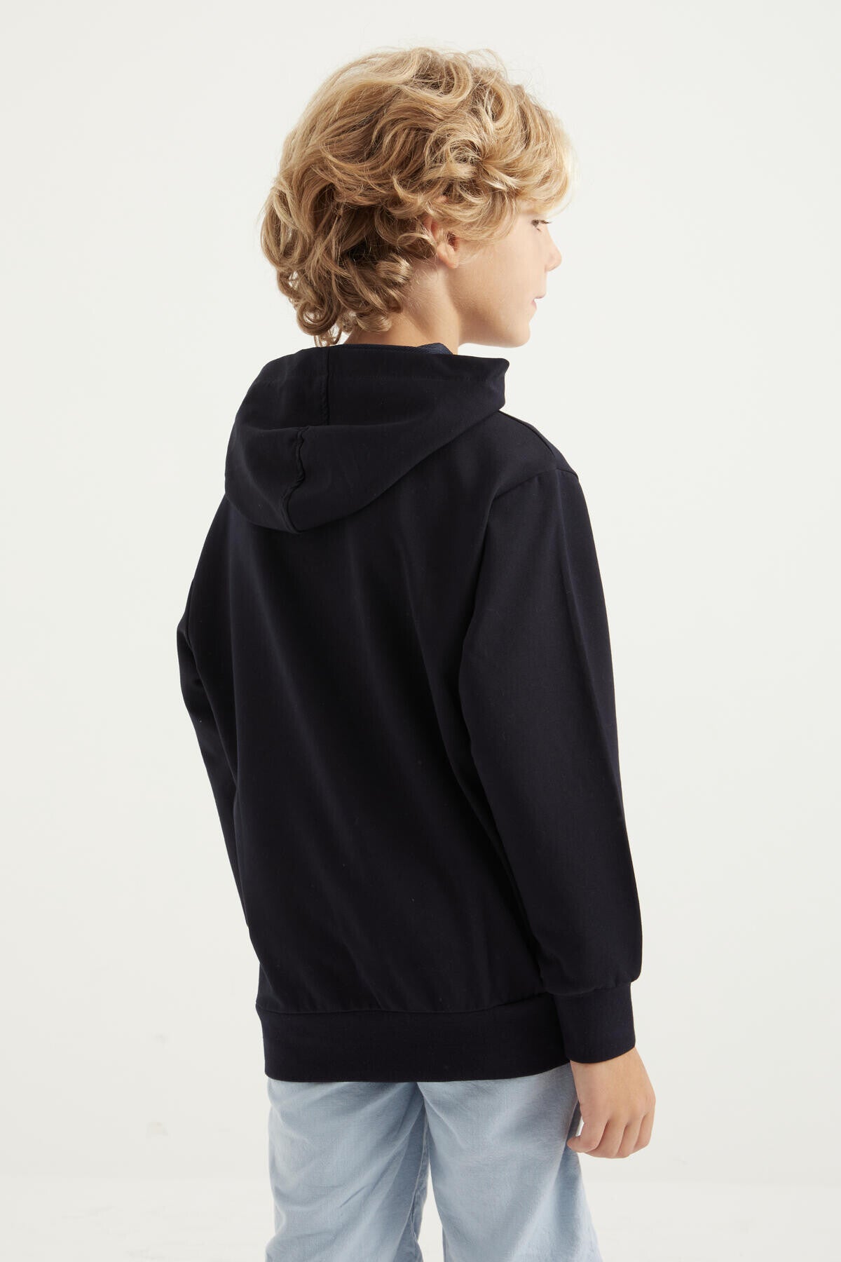 Navy Blue Printed Kangaroo Pocket Hooded Standard Fit Boys' Sweatshirt - 11002