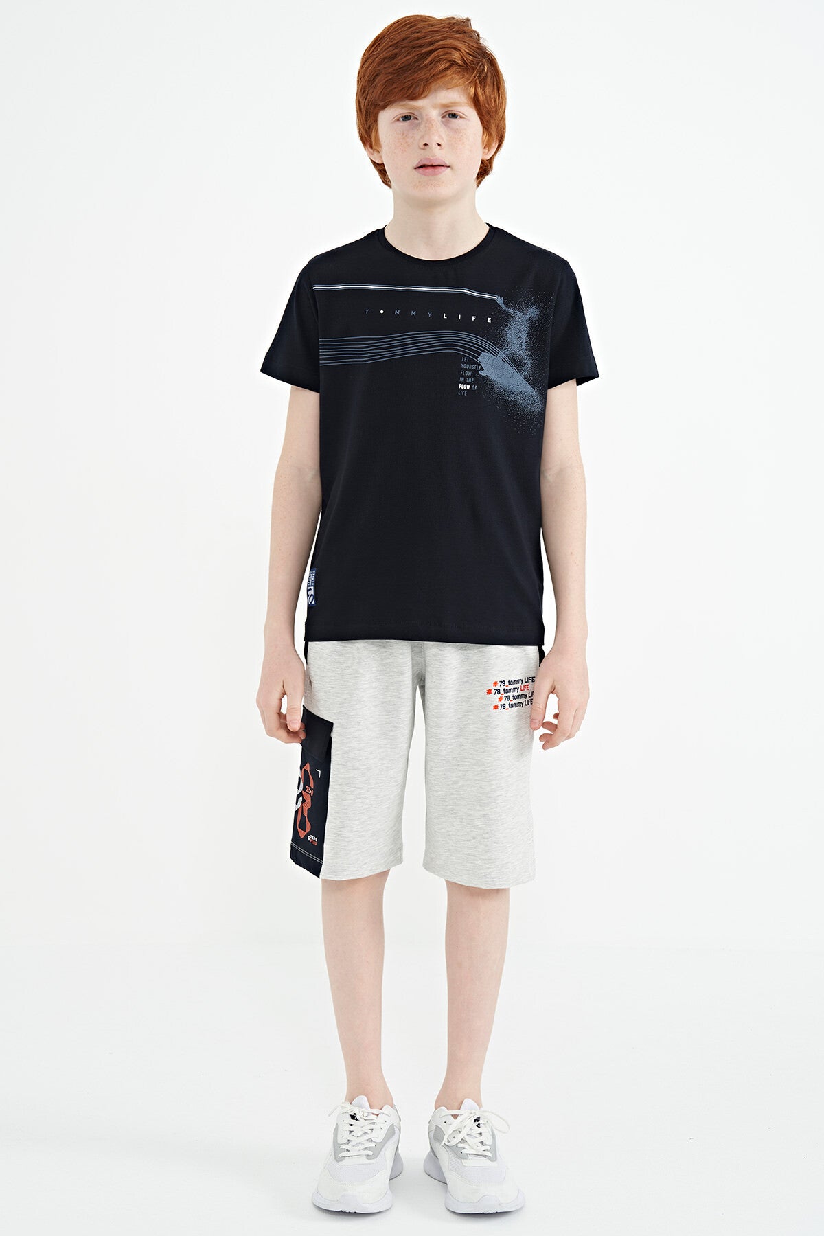 Navy Blue Printed Detailed Standard Mold O Collar Boys T-Shirt - 11133