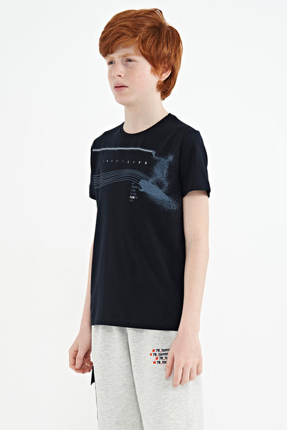 Navy Blue Printed Detailed Standard Mold O Collar Boys T-Shirt - 11133