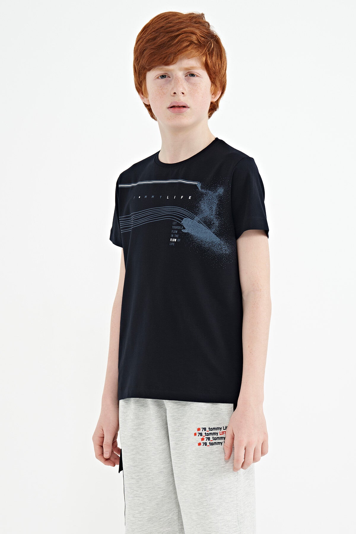 Navy Blue Printed Detailed Standard Mold O Collar Boys T-Shirt - 11133