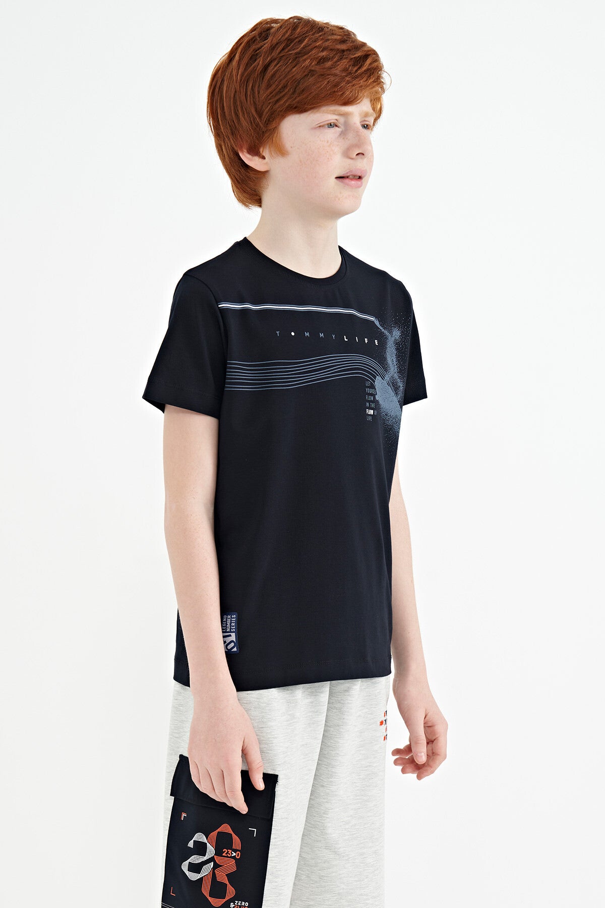 Navy Blue Printed Detailed Standard Mold O Collar Boys T-Shirt - 11133