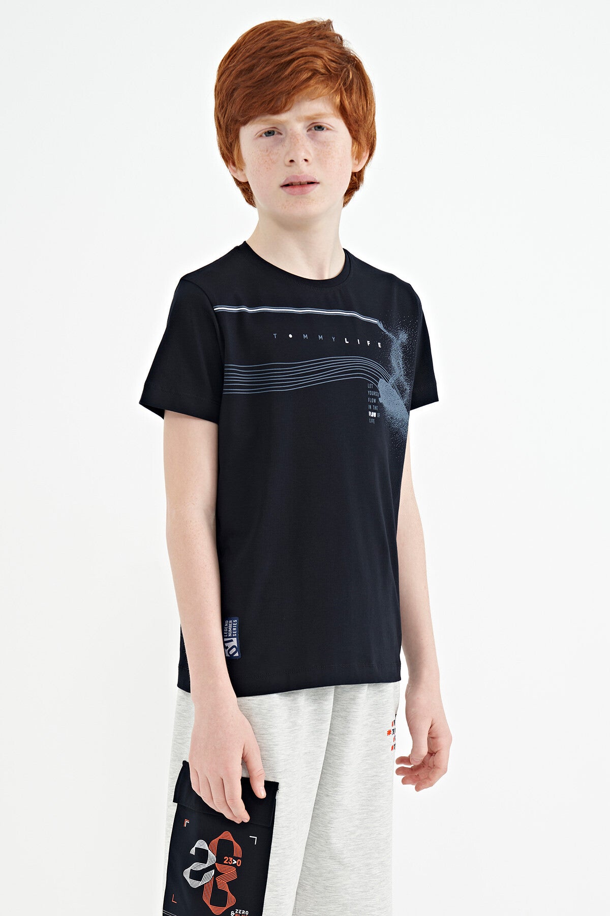 Navy Blue Printed Detailed Standard Mold O Collar Boys T-Shirt - 11133