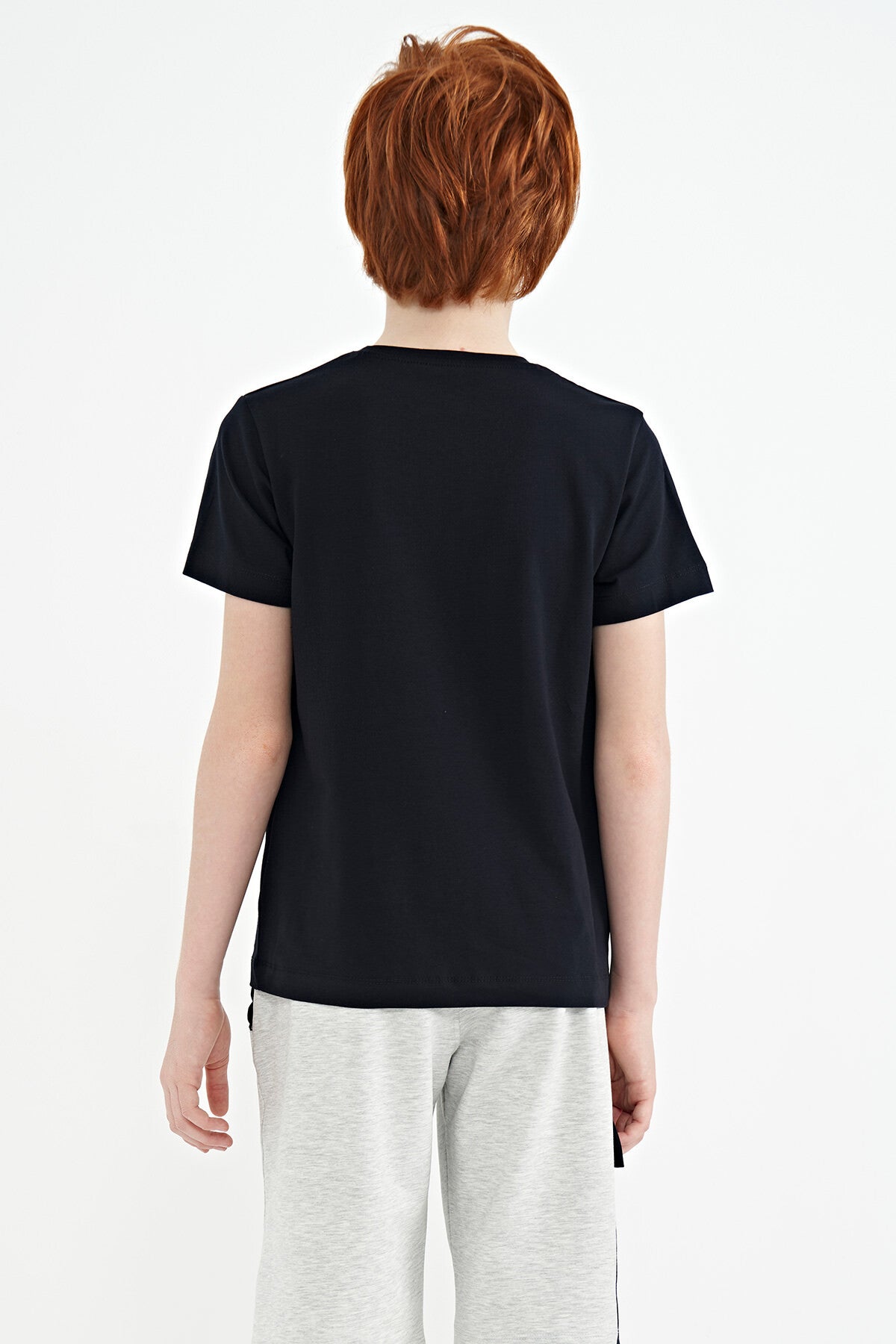 Navy Blue Printed Detailed Standard Mold O Collar Boys T-Shirt - 11133