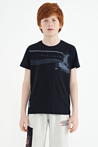 Navy Blue Printed Detailed Standard Mold O Collar Boys T-Shirt - 11133