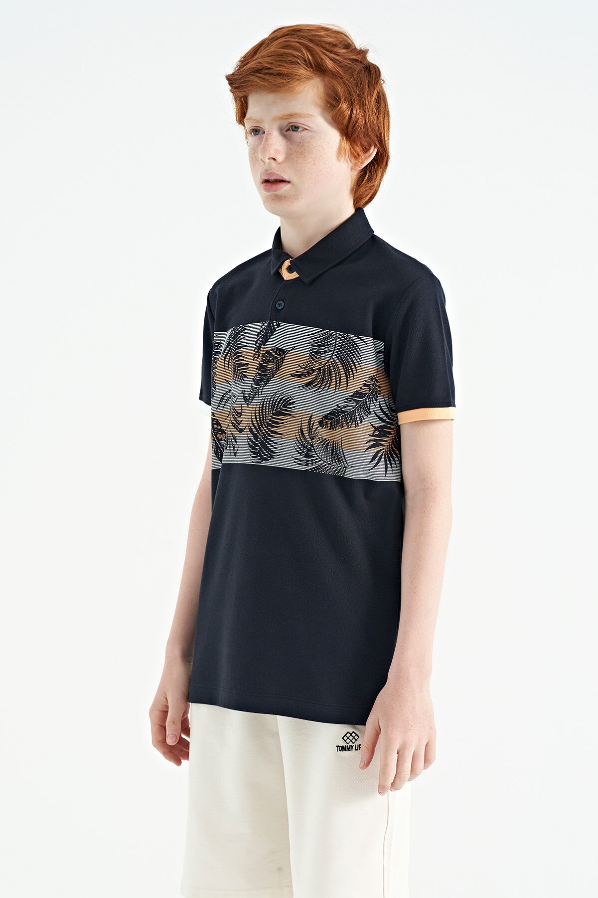 Navy Blue Printed Detailed Standard Fit Polo Collar Boys T-Shirt - 11101