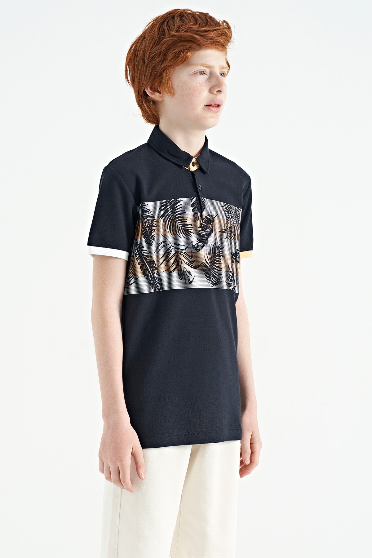 Navy Blue Printed Detailed Standard Fit Polo Collar Boys T-Shirt - 11101