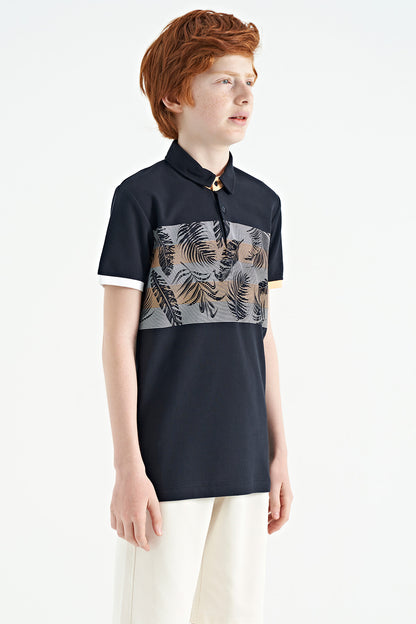 Navy Blue Printed Detailed Standard Fit Polo Collar Boys T-Shirt - 11101