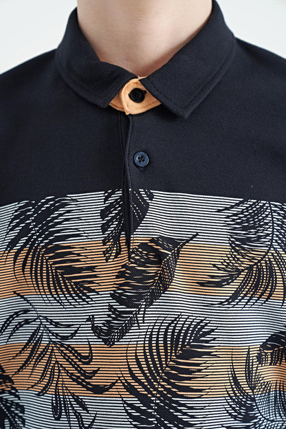 Navy Blue Printed Detailed Standard Fit Polo Collar Boys T-Shirt - 11101