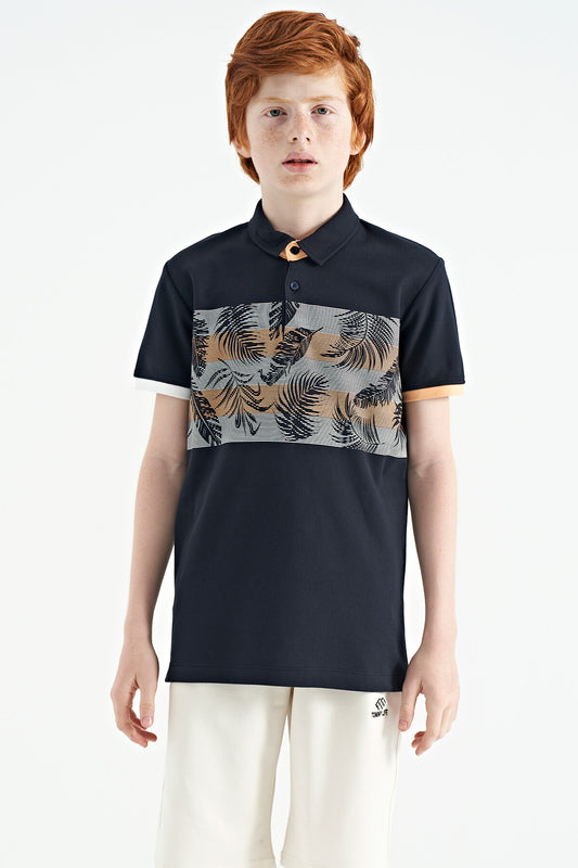 Navy Blue Printed Detailed Standard Fit Polo Collar Boys T-Shirt - 11101