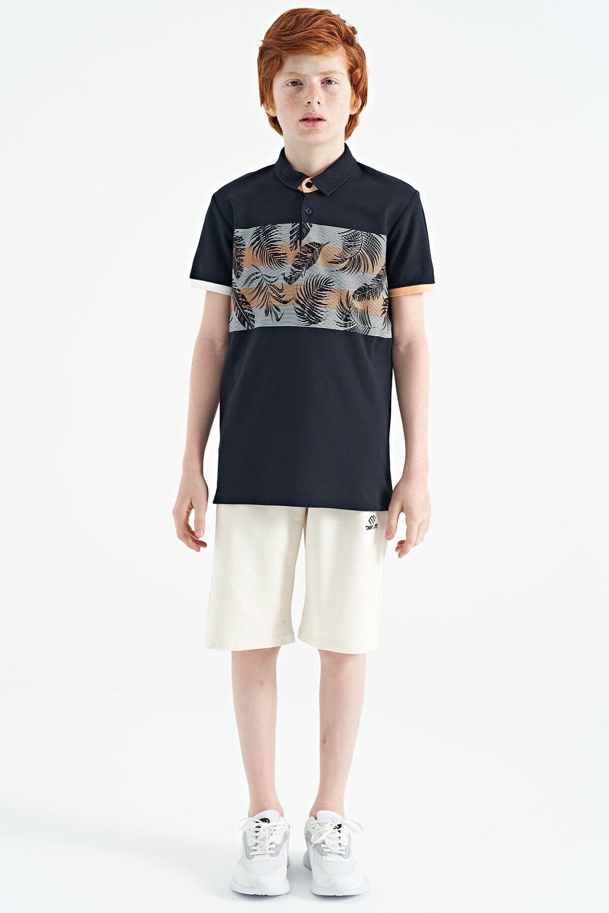 Navy Blue Printed Detailed Standard Fit Polo Collar Boys T-Shirt - 11101