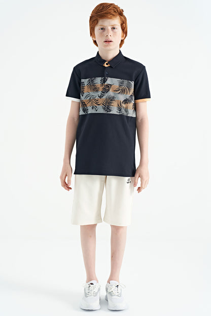 Navy Blue Printed Detailed Standard Fit Polo Collar Boys T-Shirt - 11101