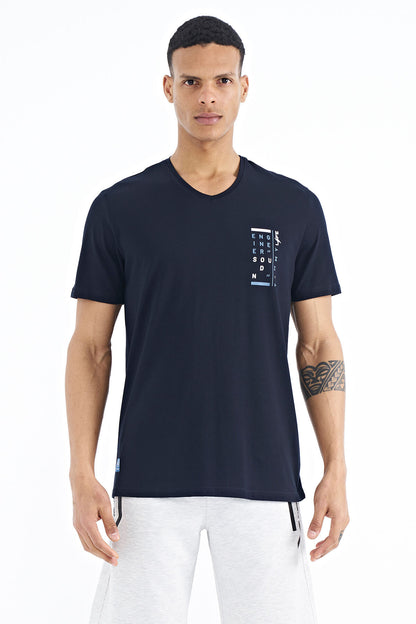 Navy Blue Printed Detailed V Neck Standard Fit Men's T-Shirt - 88186