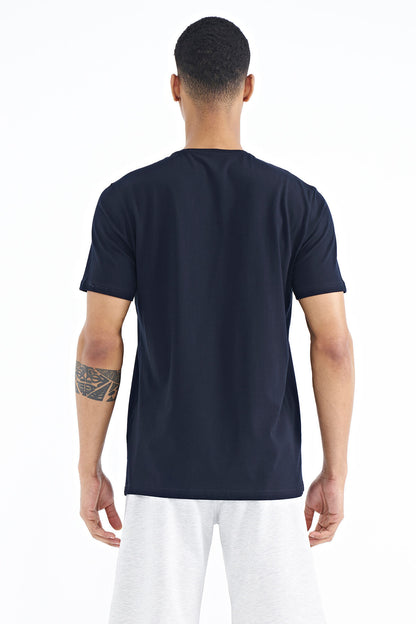 Navy Blue Printed Detailed V Neck Standard Fit Men's T-Shirt - 88186