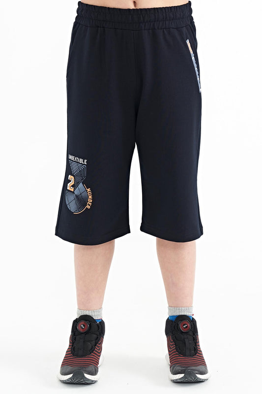 Navy Blue Printed Detailed Laced Standard Fit Boys Shorts - 11128