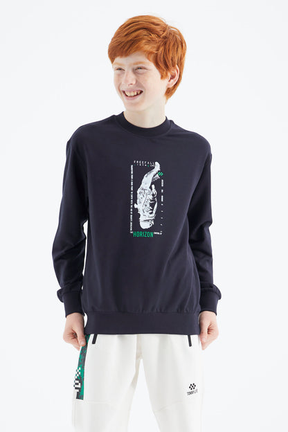 Navy Blue Printed Boys' Sweatshirt - 11174