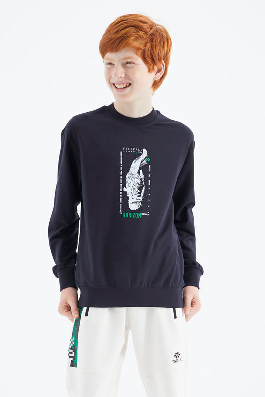 Navy Blue Printed Boys' Sweatshirt - 11174
