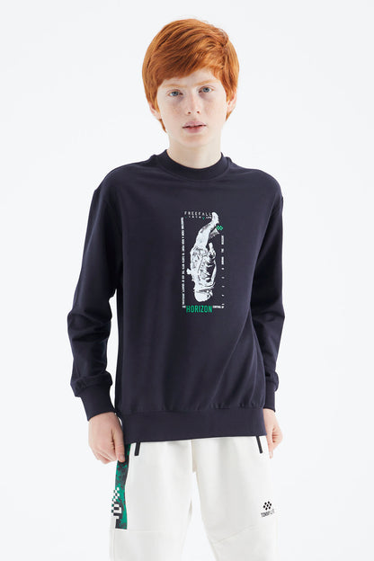 Navy Blue Printed Boys' Sweatshirt - 11174