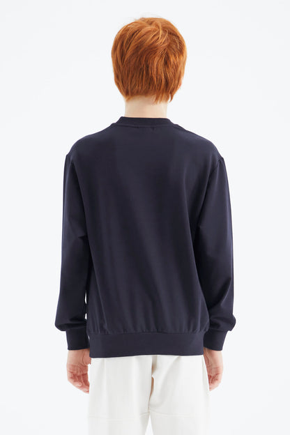 Navy Blue Printed Boys' Sweatshirt - 11174