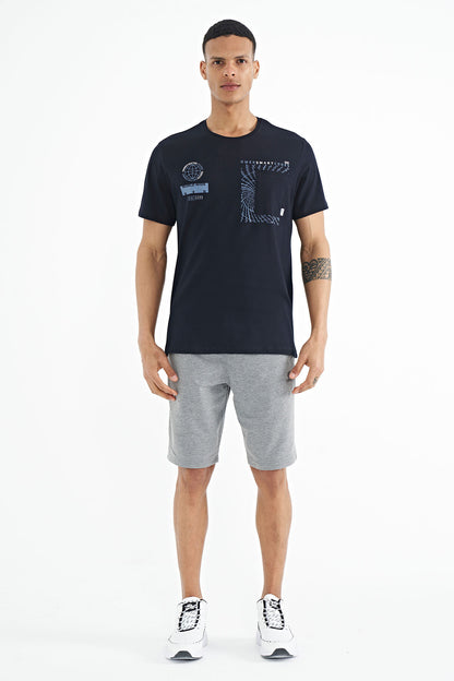 Navy Blue Pocket Detailed Printed O Collar Men's T-Shirt - 88184