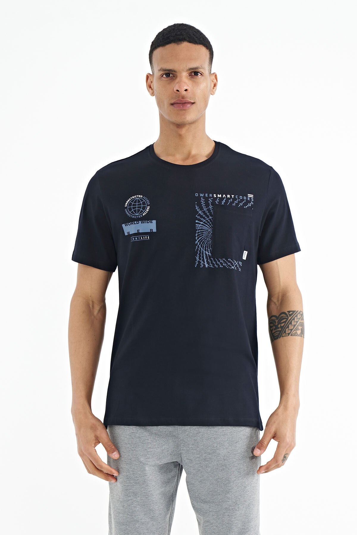 Navy Blue Pocket Detailed Printed O Collar Men's T-Shirt - 88184
