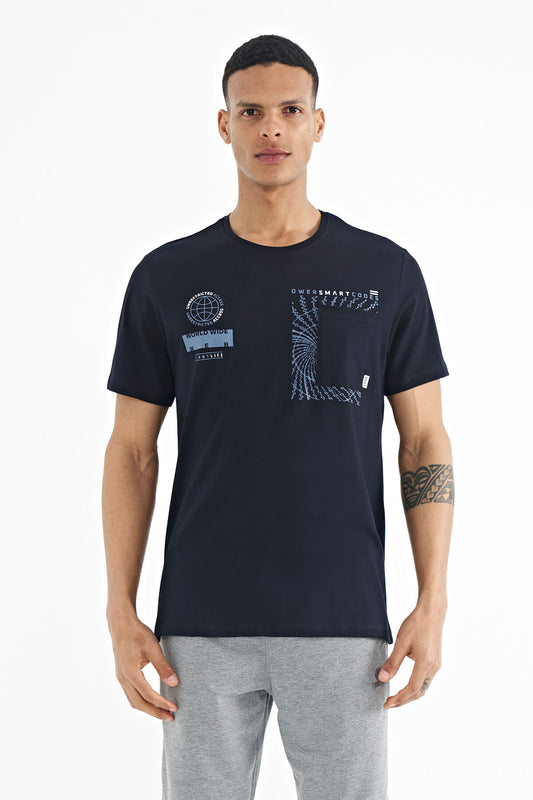 Navy Blue Pocket Detailed Printed O Collar Men's T-Shirt - 88184