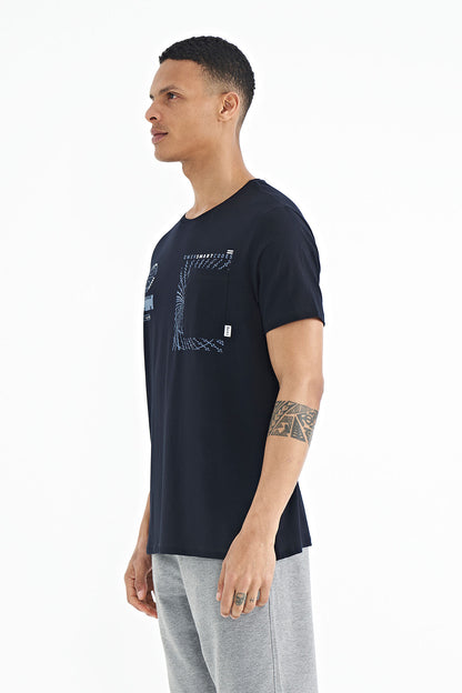Navy Blue Pocket Detailed Printed O Collar Men's T-Shirt - 88184