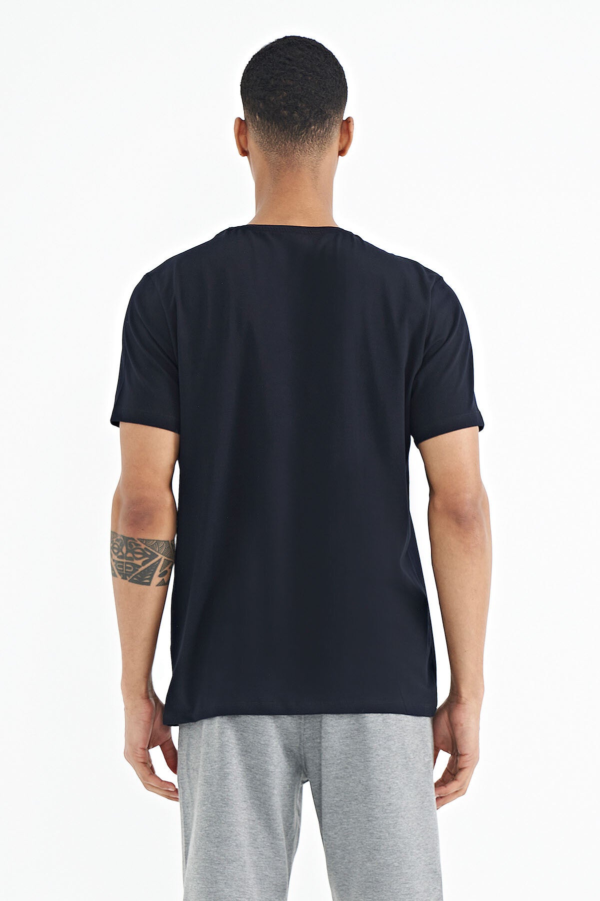 Navy Blue Pocket Detailed Printed O Collar Men's T-Shirt - 88184