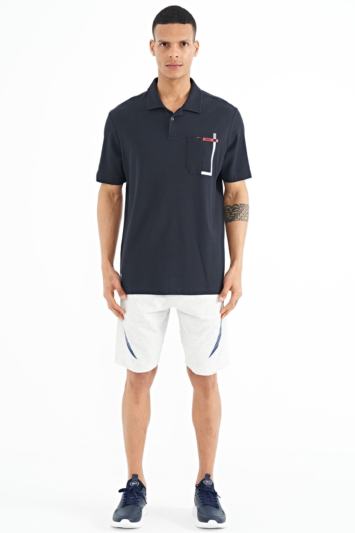 Navy Blue Pocket Detailed Printed Standard Fit Polo Collar Men's T-Shirt - 88241