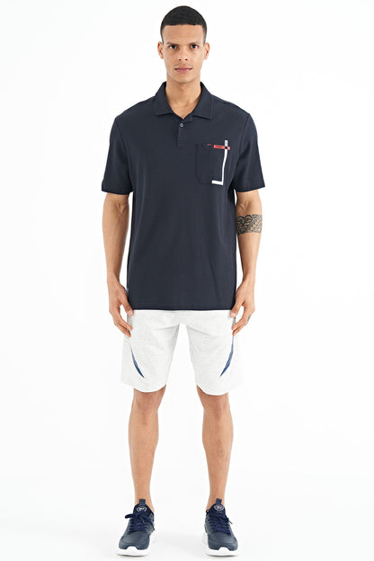 Navy Blue Pocket Detailed Printed Standard Fit Polo Collar Men's T-Shirt - 88241