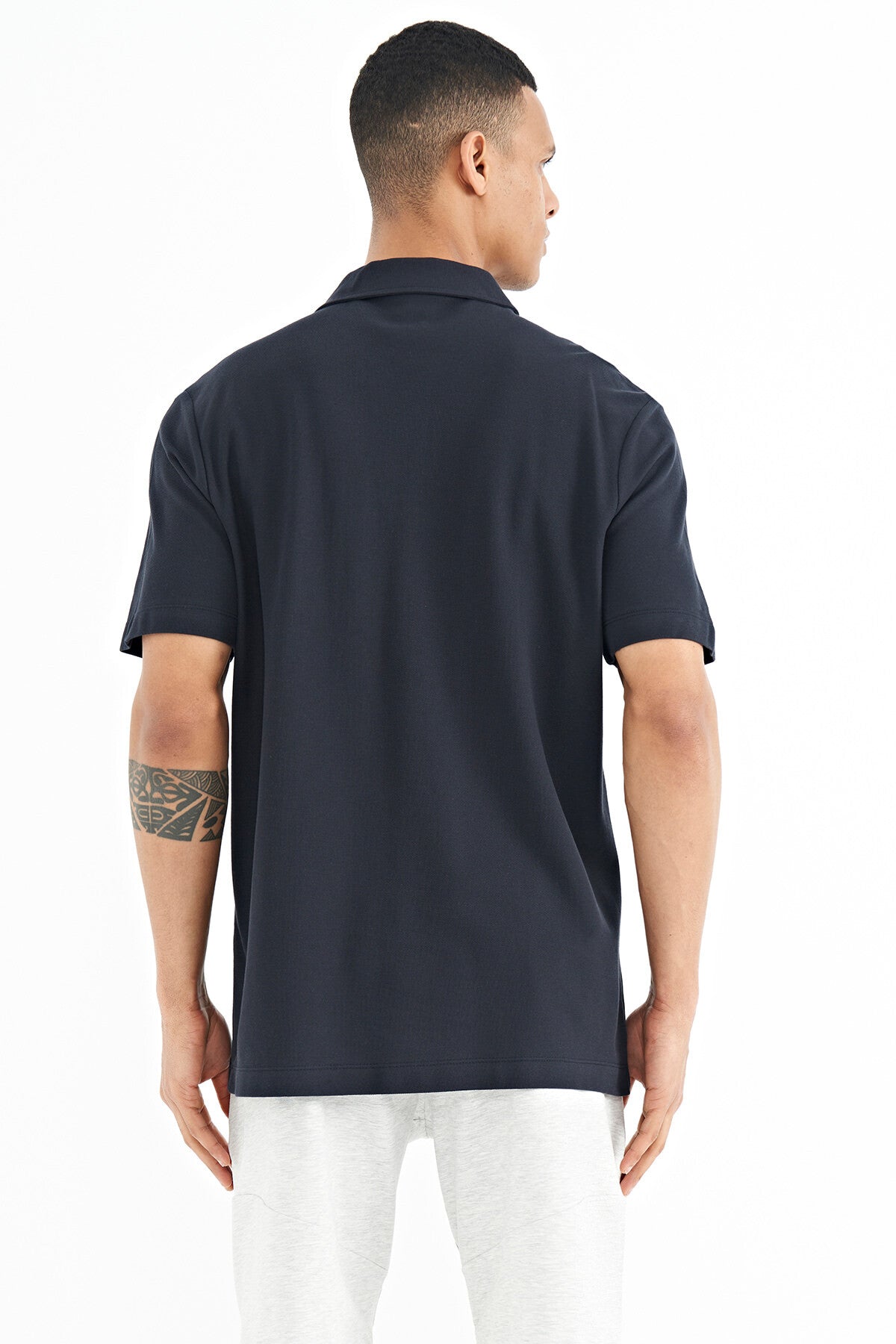 Navy Blue Pocket Detailed Printed Standard Fit Polo Collar Men's T-Shirt - 88241